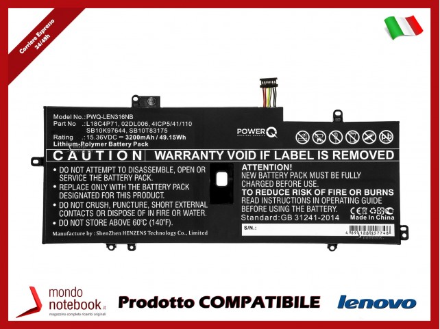 Batteria PowerQ per Lenovo Thinkpad X1 Yoga Gen 5-20ub0020 3200 mAh 15.36V P/N 02DL004 Nero