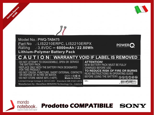 Batteria PowerQ per Sony SGP771 6000mAh 3.8V P/N LIS2210ERPC