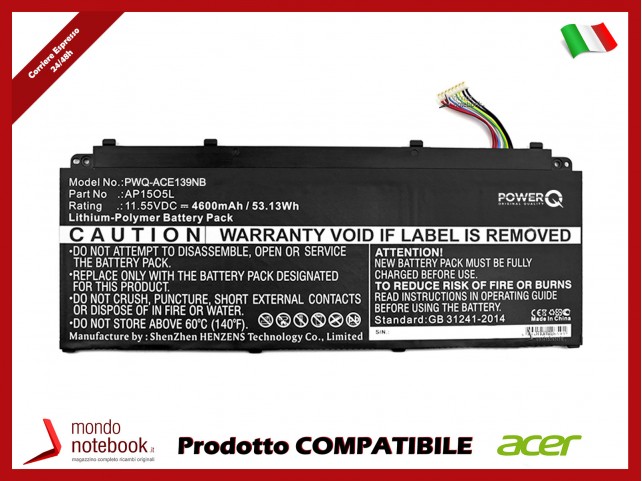 Batteria PowerQ per Acer Aspire S 13 4600 mAh 11.55V P/N AP1503K Nero