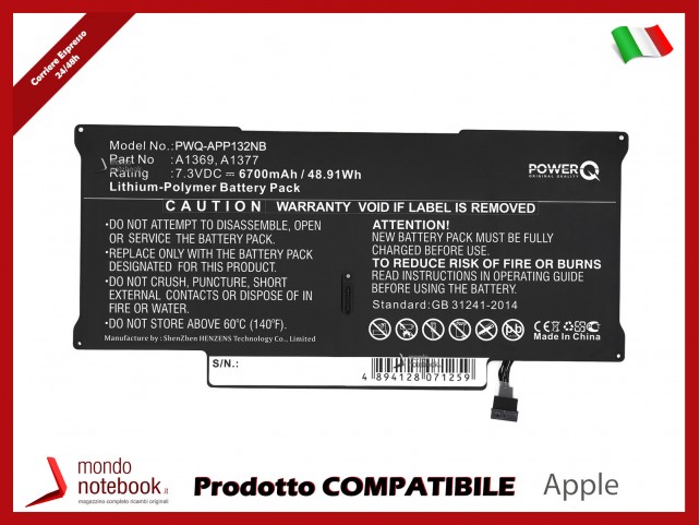 Batteria PowerQ per Apple Macbook Air 13.3 MC503B/A 6700 mAh 7.3V P/N 020-6955-01 Nero