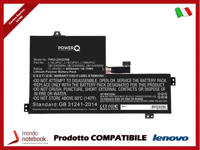 Batteria PowerQ per Lenovo 100e 2nd Gen 81M8002QAU 4050 mAh 11.55V P/N 5B10Q13162 Nero