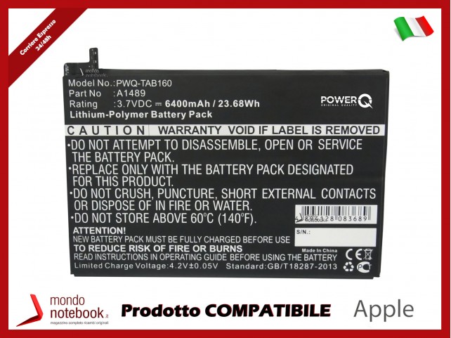Batteria PowerQ per Apple A1489 6400mAh 3.7V P/N A1489