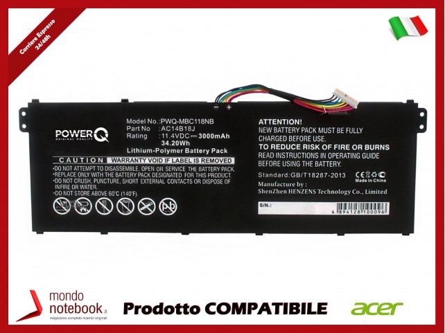 Batteria PowerQ per Acer ES1-512 3000mAh 11.4V P/N AC14B18J Nero