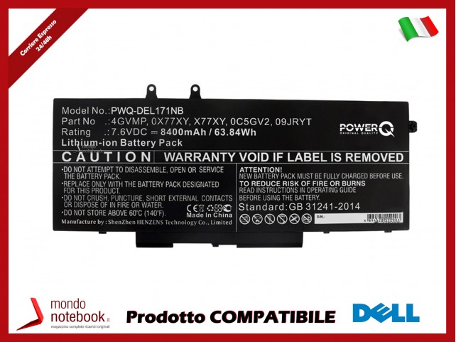 Batteria PowerQ per DELL Latitude 14 5400 8400 mAh 7.6V P/N 09JRYT Nero