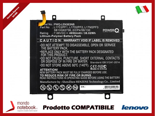 Batteria PowerQ per Lenovo 80XF00DFIN 4950 mAh 7.68V P/N 2ICP4/56/130 Nero