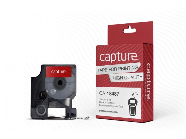 Capture 19mm x 5.5m Black on Metallic  Permanent Polyester Tape