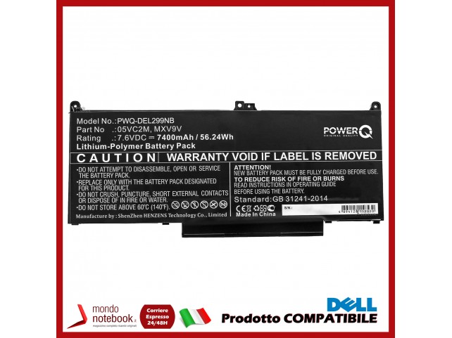 Batteria PowerQ per DELL Latitude 13 5300 7400 mAh 7.6V P/N 05VC2M Nero