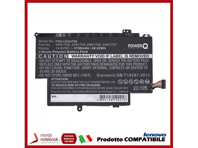 Batteria PowerQ per Lenovo 20cds00500 3150 mAh 14.8V P/N 45N1704 Nero