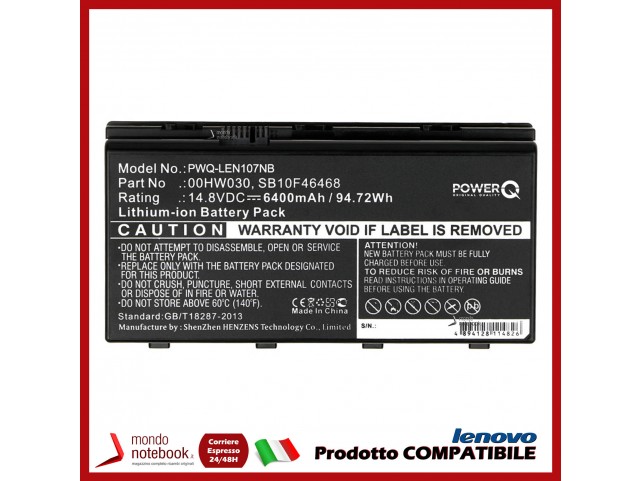 Batteria PowerQ per Lenovo ThinkPad P70 6400 mAh 14.8V P/N 00HW030 Nero