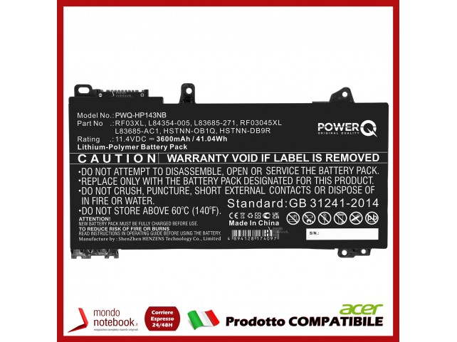 Batteria PowerQ per HP Pavilion x360 14 Convertible 3600 mAh 11.4V P/N HSTNN-DB9R Nero