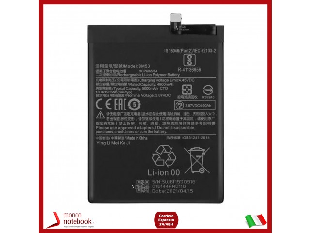 BATTERIA BM53 PER XIAOMI Mi 10T /10T Pro REDMI K30S 5000 mAh PARI ORIGINALE