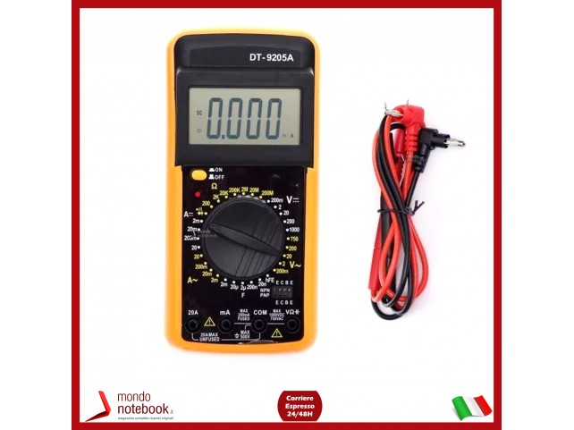 TESTER MULTIMETRO DIGITALE PROFESSIONALE DT9205A + COPPIA PUNTALI VOLT AMPERE