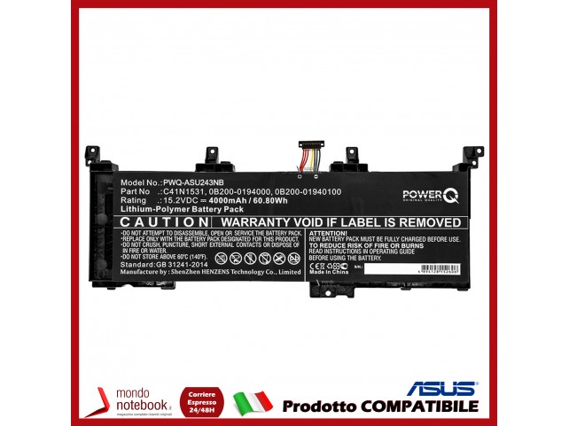 Batteria PowerQ per Asus FX502VS 4000 mAh 15.2V P/N 0B200-0194000 Nero