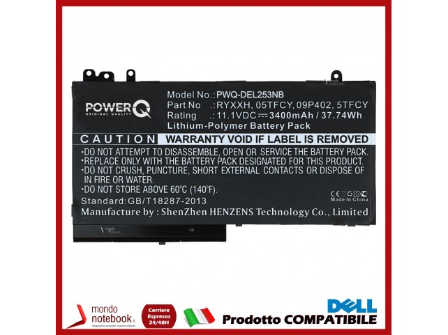 Batteria PowerQ per DELL Latitude 12 5000 3400 mAh 11.1V P/N 05TFCY Nero