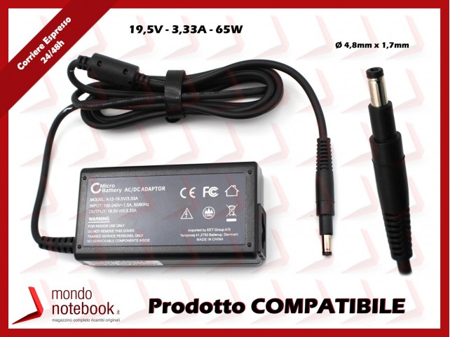 Alimentatore Compatibile HP 65W 19,5V 3,33A (4,8mm x 1,7mm) MicroBattery