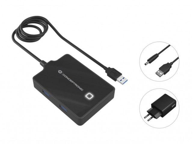 Conceptronic Hubbies 4-Port Usb 3.0 Hub  With Power Adapter 90Cm