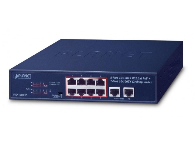 Planet 8-Port 10/100TX 802.3at PoE  + 2-Port 10/100TX Desktop