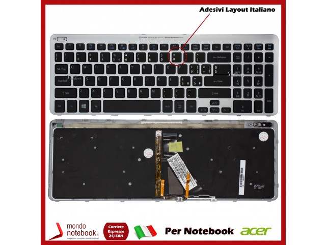 Tastiera Notebook ACER Aspire V5-531 V5-571 (FRAME SILVER) (CON ADESIVI LAYOUT ITA)