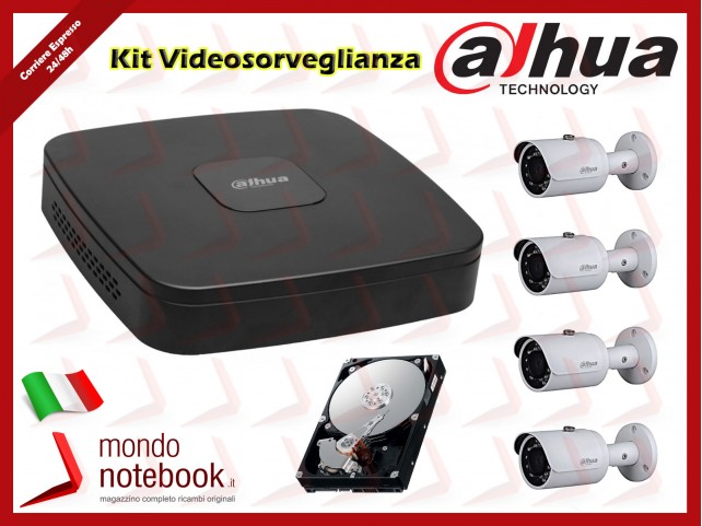 KIT N.4 Telecamere IP Dahua per Interno/Esterno Impermeabile 3Mpx 3.6mm PoE HFW1320S + NVR con Hard Disk 1TB