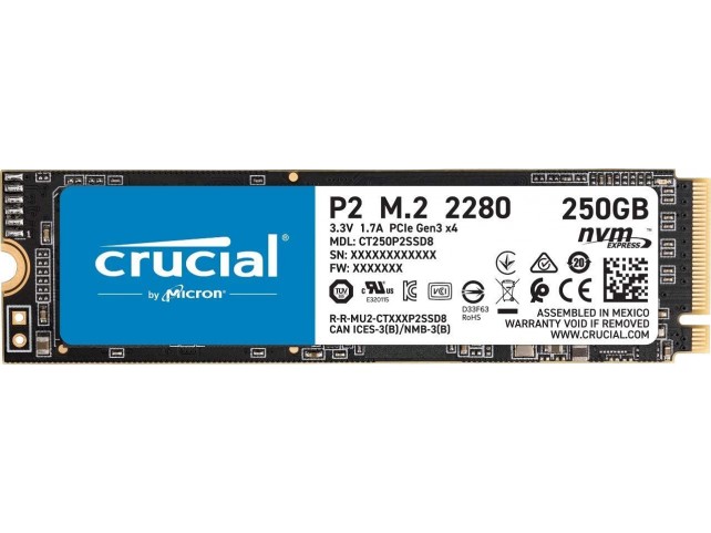 Crucial P2 250 GB CT250P2SSD8 SSD Interne Fino a 2400 MB/s, 3D NAND, NVMe, PCIe, M.2