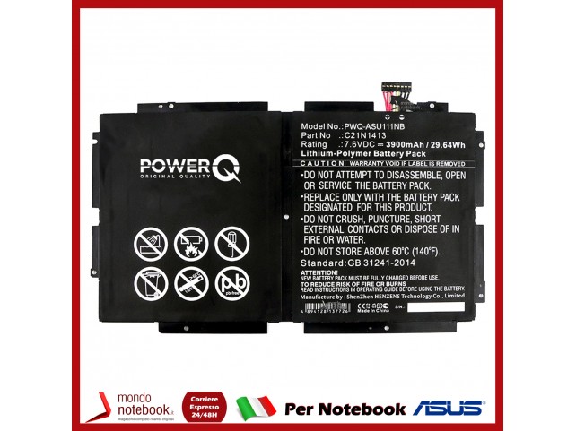 Batteria PowerQ per Asus T300FA-DH12 3900 mAh 7.6V P/N C21N1413 Nero