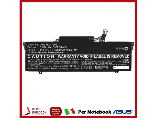 Batteria PowerQ per Asus ZenBook14 5200 mAh 11.61V P/N 0B200-03730100 C31N1914