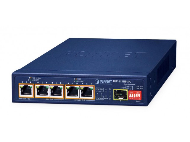Planet BSP-115HP-5A 5-Port Hybrid PoE Solar PoE  Switch with 1-Port 1000X SFP